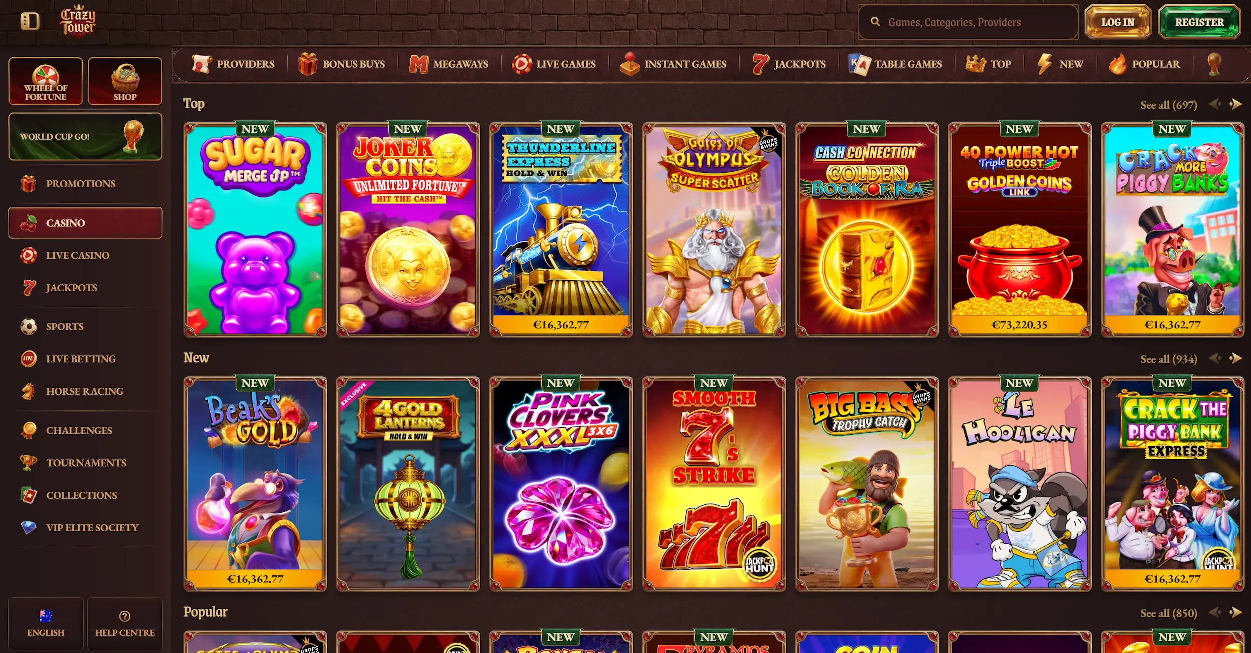 CrazyTower casino frontpage featuring selection of top online pokies and main site navigation