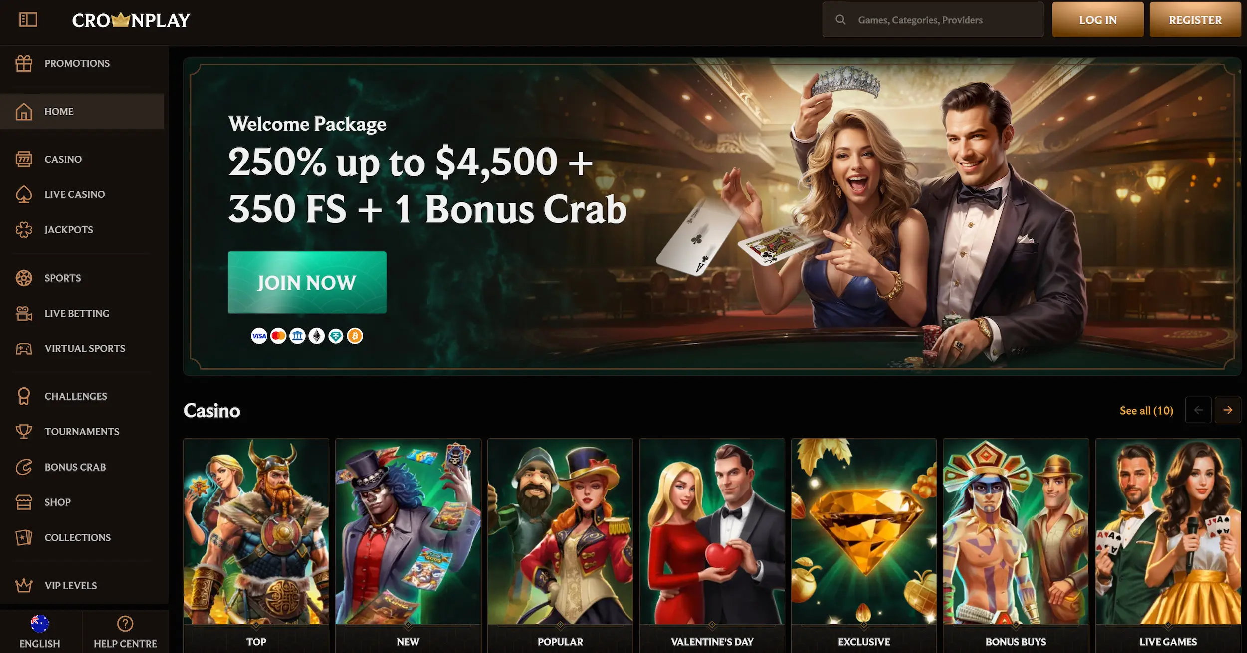 CrownPlay casino frontpage featuring welcome bonus offer, casino games selection and site navigation